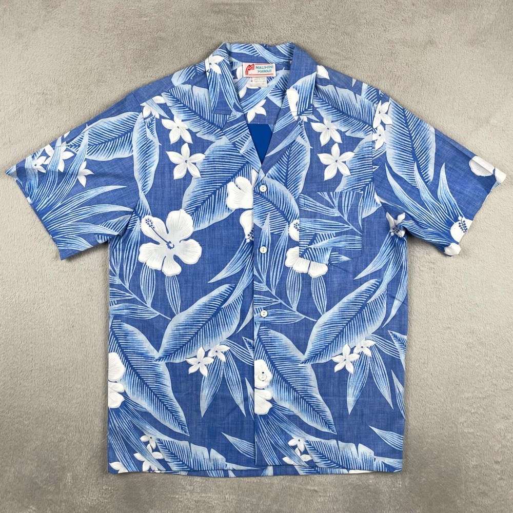 Vintage Malihini Hawaii Hawaiian Shirt Men Medium Blue Hibiscus Floral Tropical